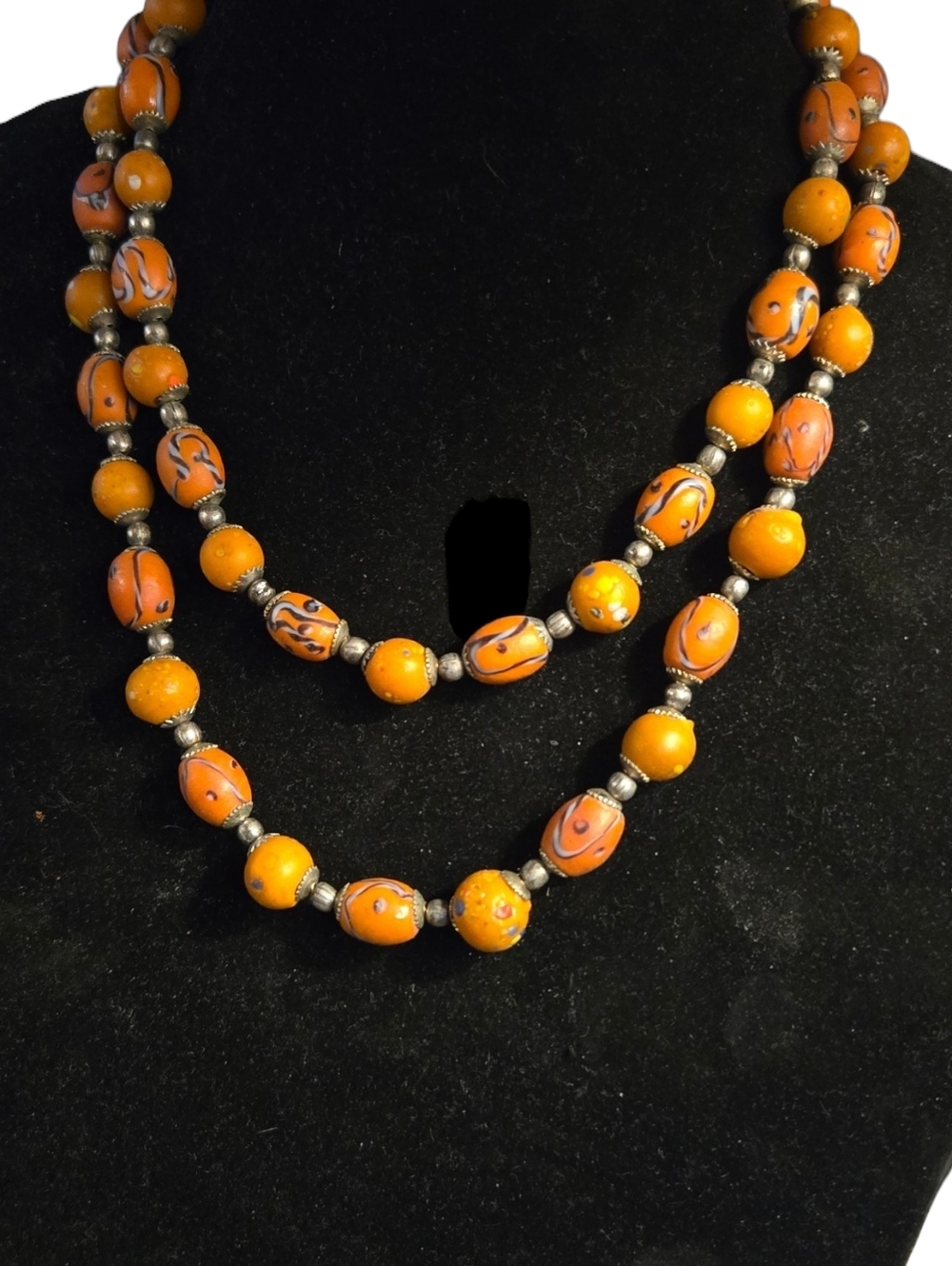 Atq African Trade Bead Double Strand Necklace Orange Sterling Boho Statement